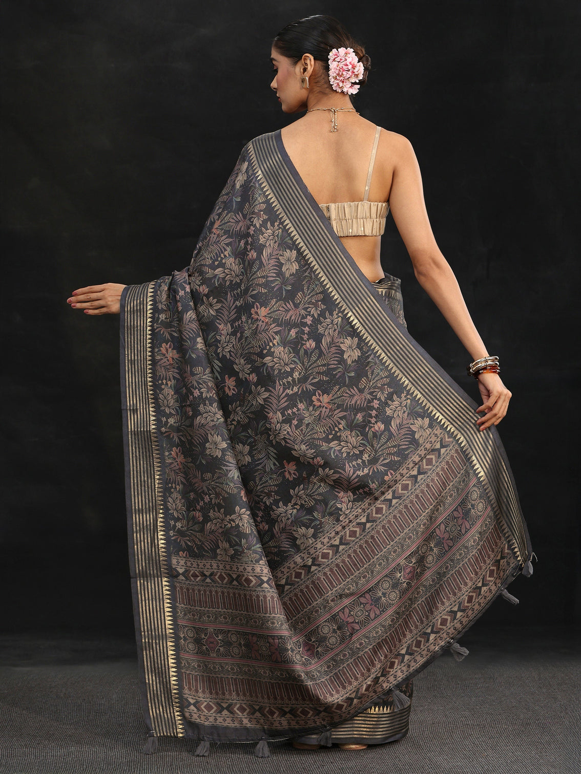 Mameraa Midnight Blue Floral Woven Design Silk Blend Saree