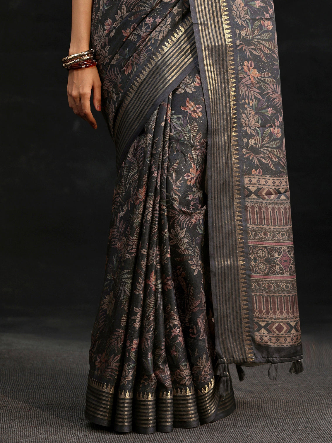 Mameraa Midnight Blue Floral Woven Design Silk Blend Saree