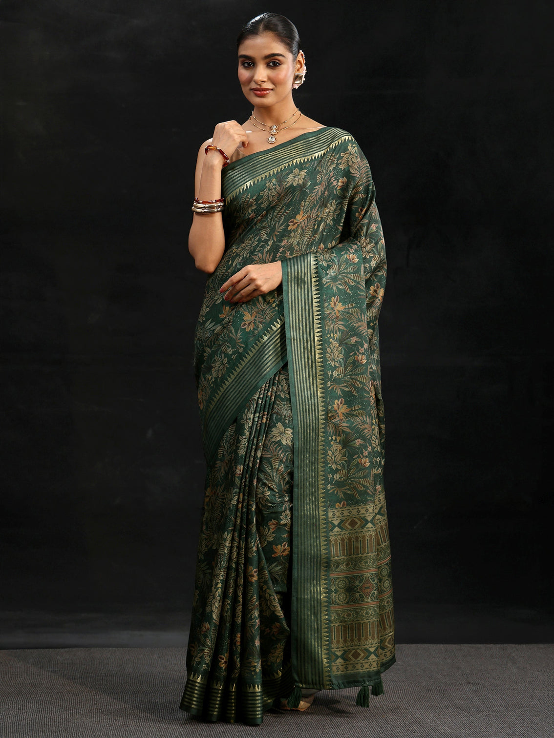 Mameraa Green Floral Woven Design Silk Blend Saree
