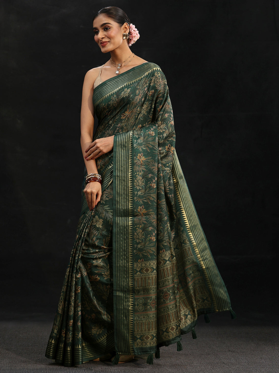 Mameraa Green Floral Woven Design Silk Blend Saree