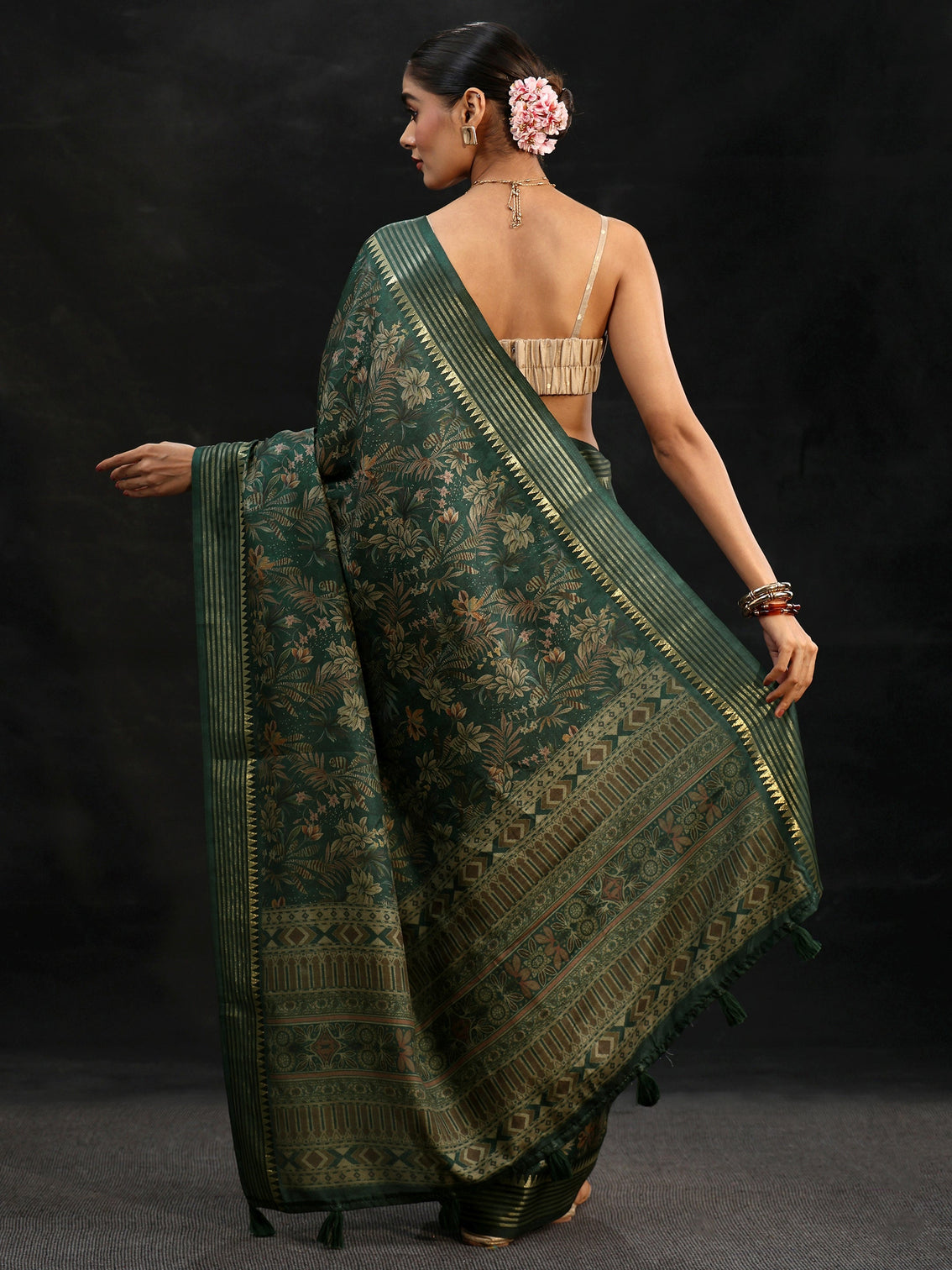 Mameraa Green Floral Woven Design Silk Blend Saree