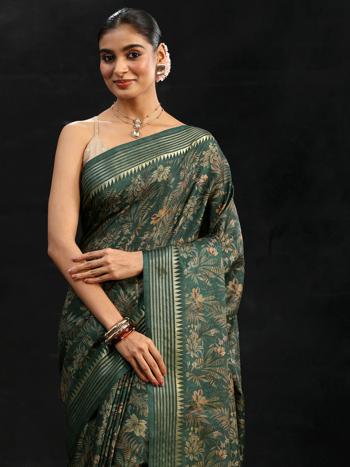 Mameraa Green Floral Woven Design Silk Blend Saree