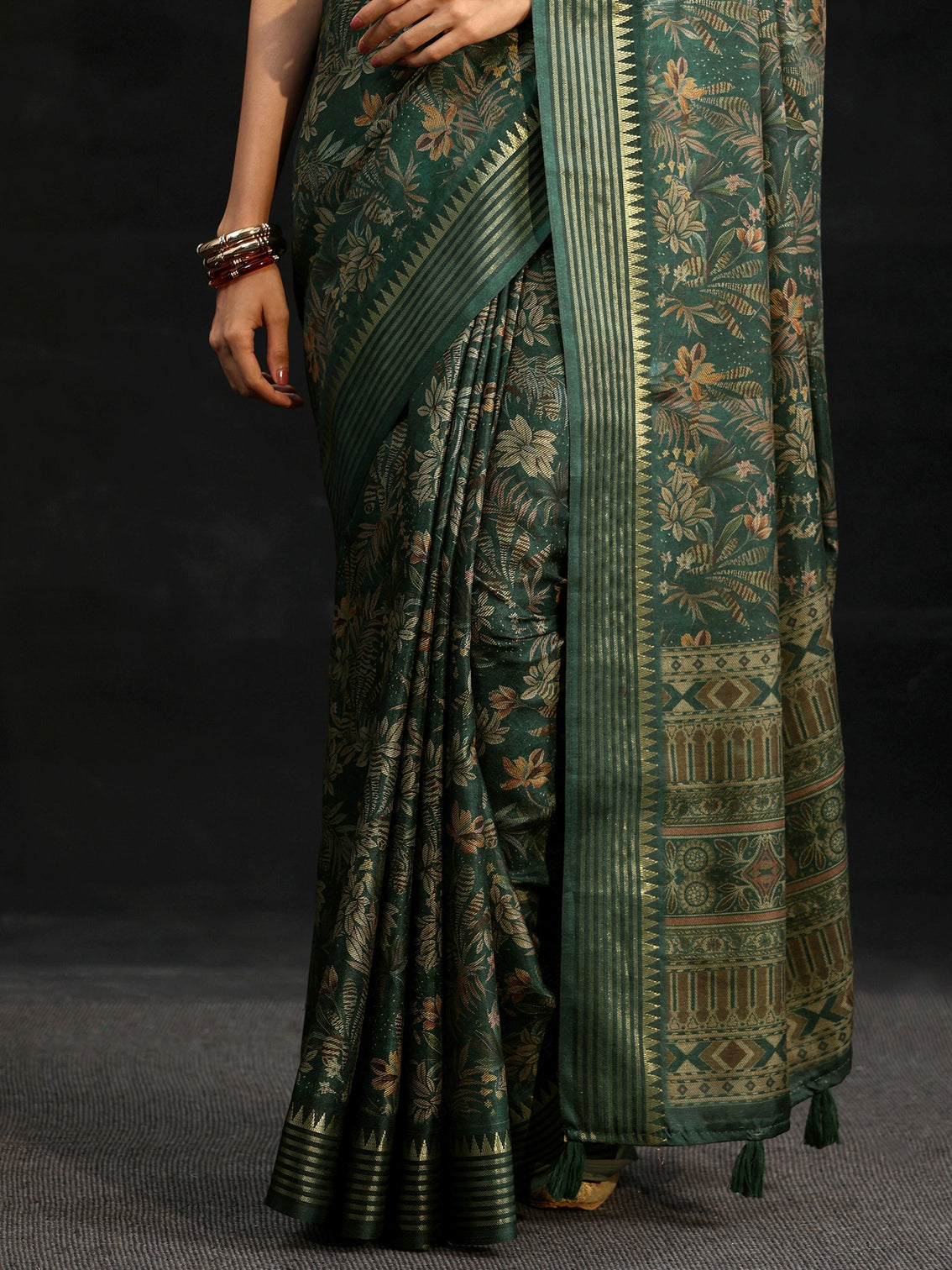 Mameraa Green Floral Woven Design Silk Blend Saree
