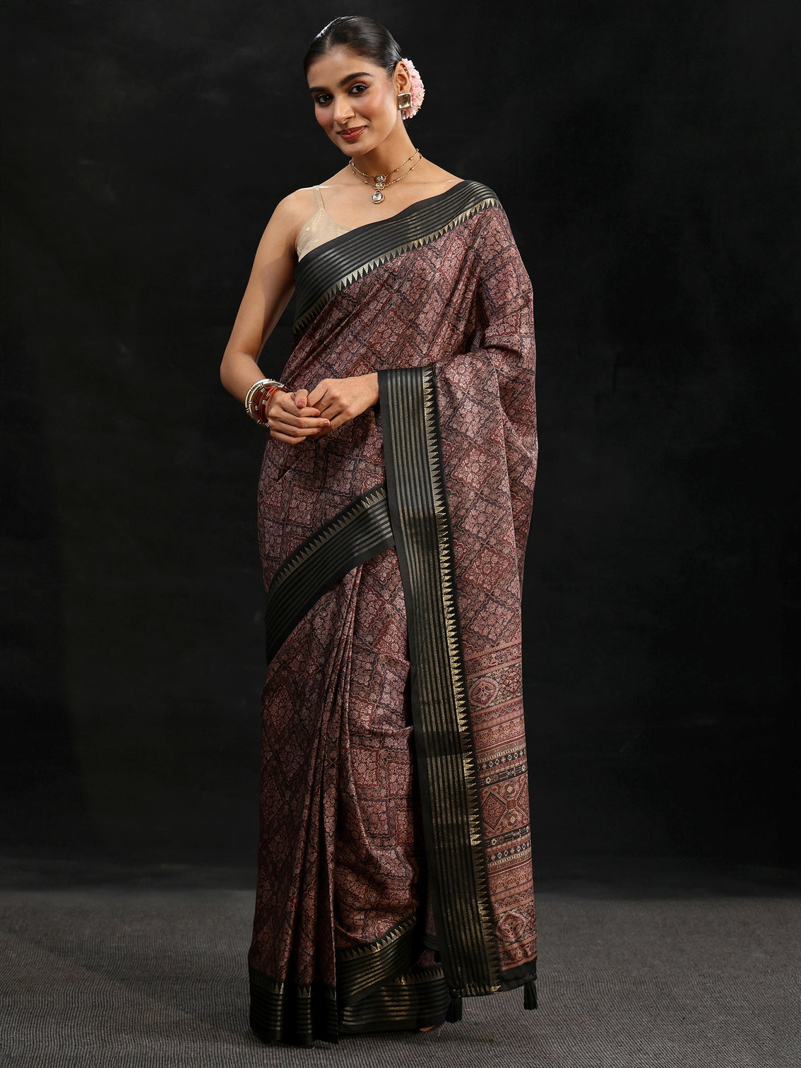 Mameraa Black Floral Foil Printed Silk Blend Saree