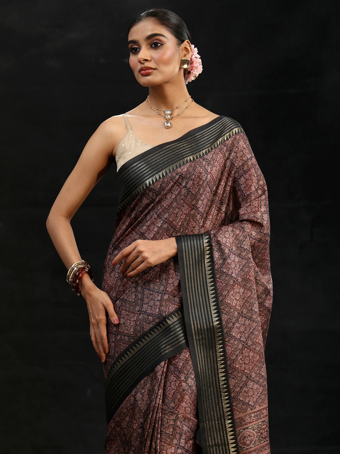 Mameraa Black Floral Foil Printed Silk Blend Saree