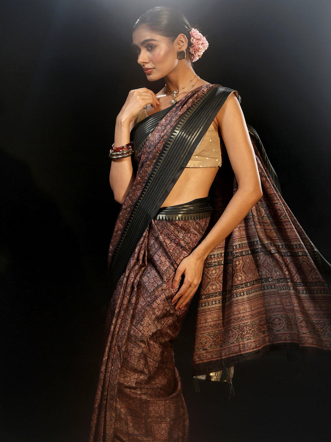 Mameraa Black Floral Foil Printed Silk Blend Saree