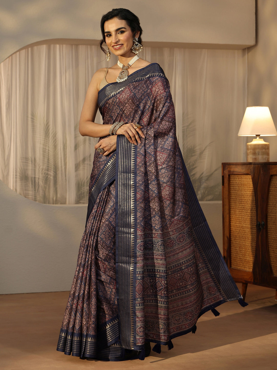 Mameraa Navy Floral Printed Silk Blend Saree with Temple Border
