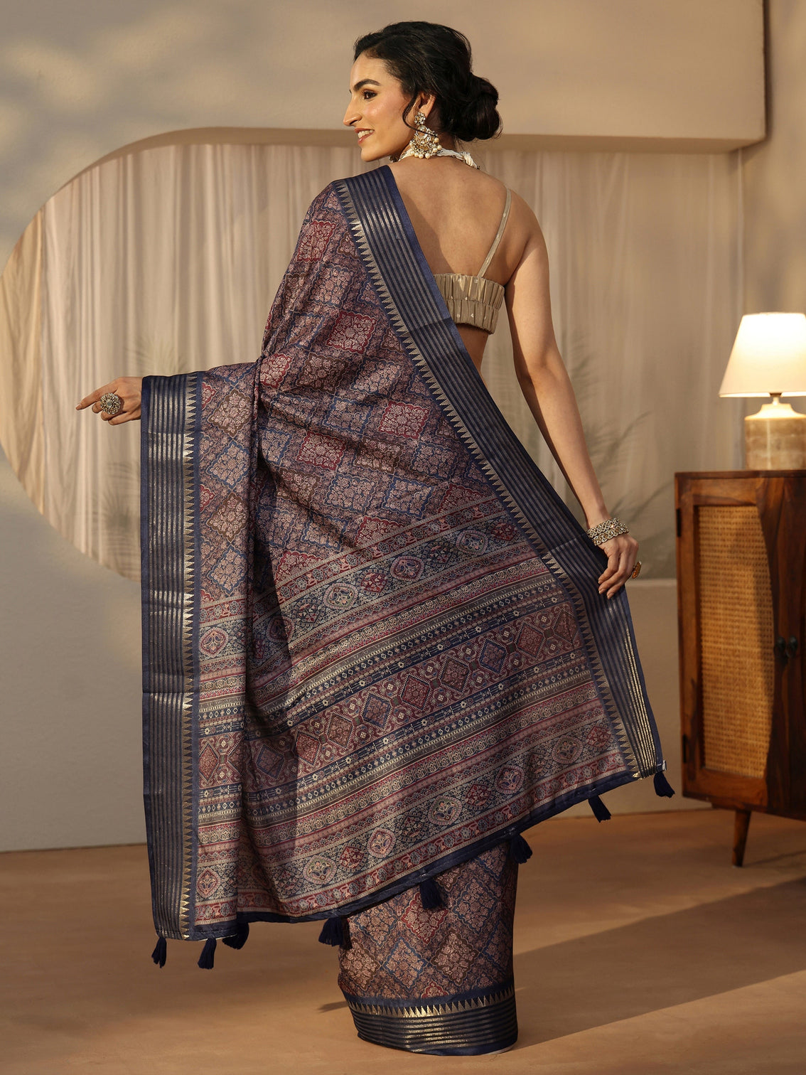 Mameraa Navy Floral Printed Silk Blend Saree with Temple Border