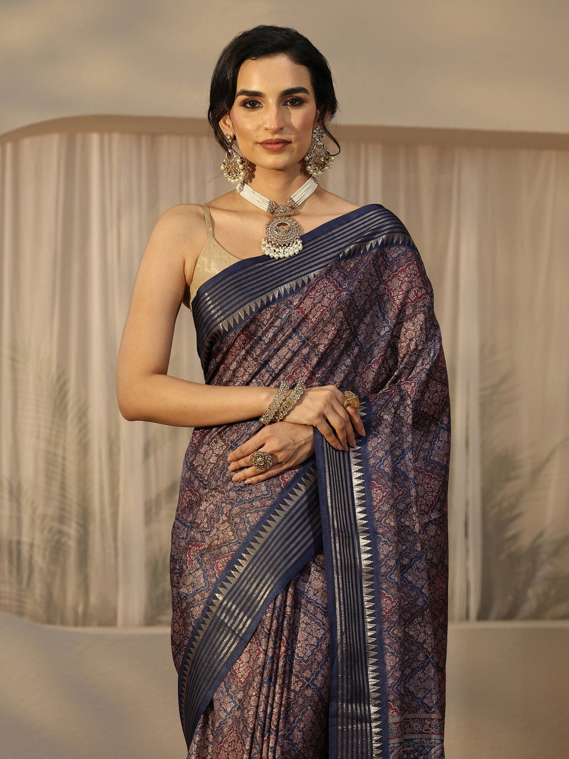 Mameraa Navy Floral Printed Silk Blend Saree with Temple Border