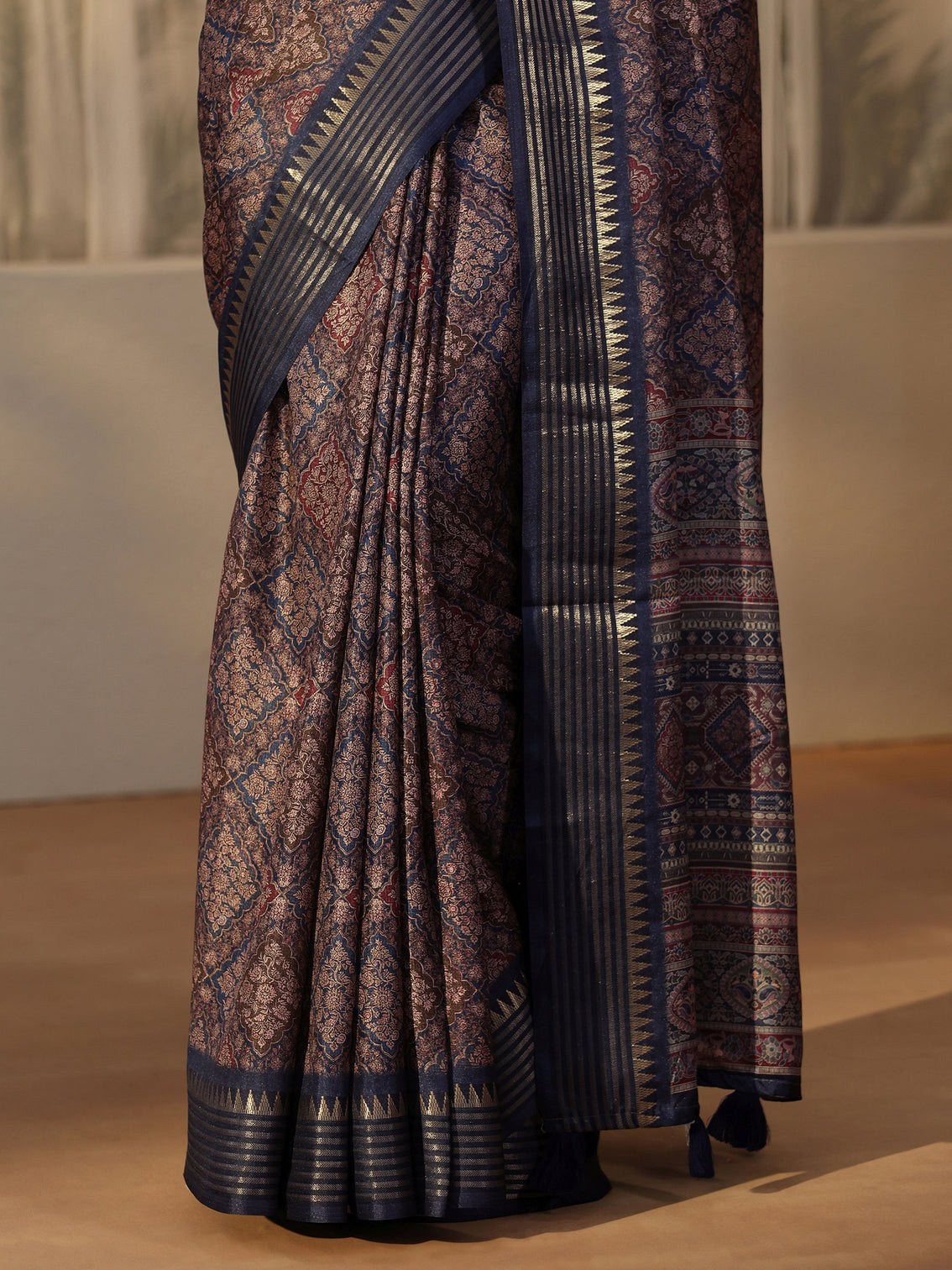 Mameraa Navy Floral Printed Silk Blend Saree with Temple Border