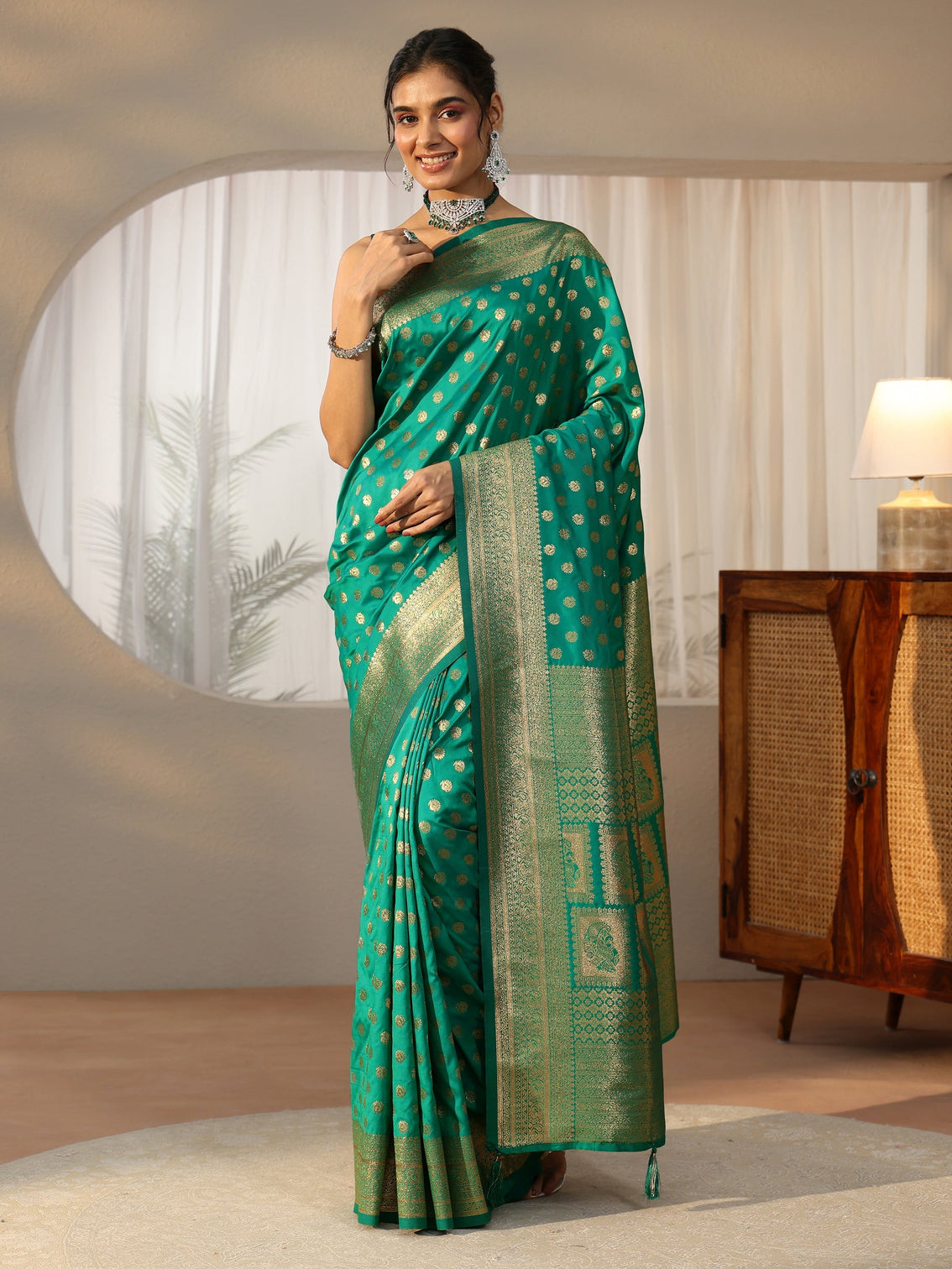 Mameraa Teal Green Banarasi Silk Blend Saree