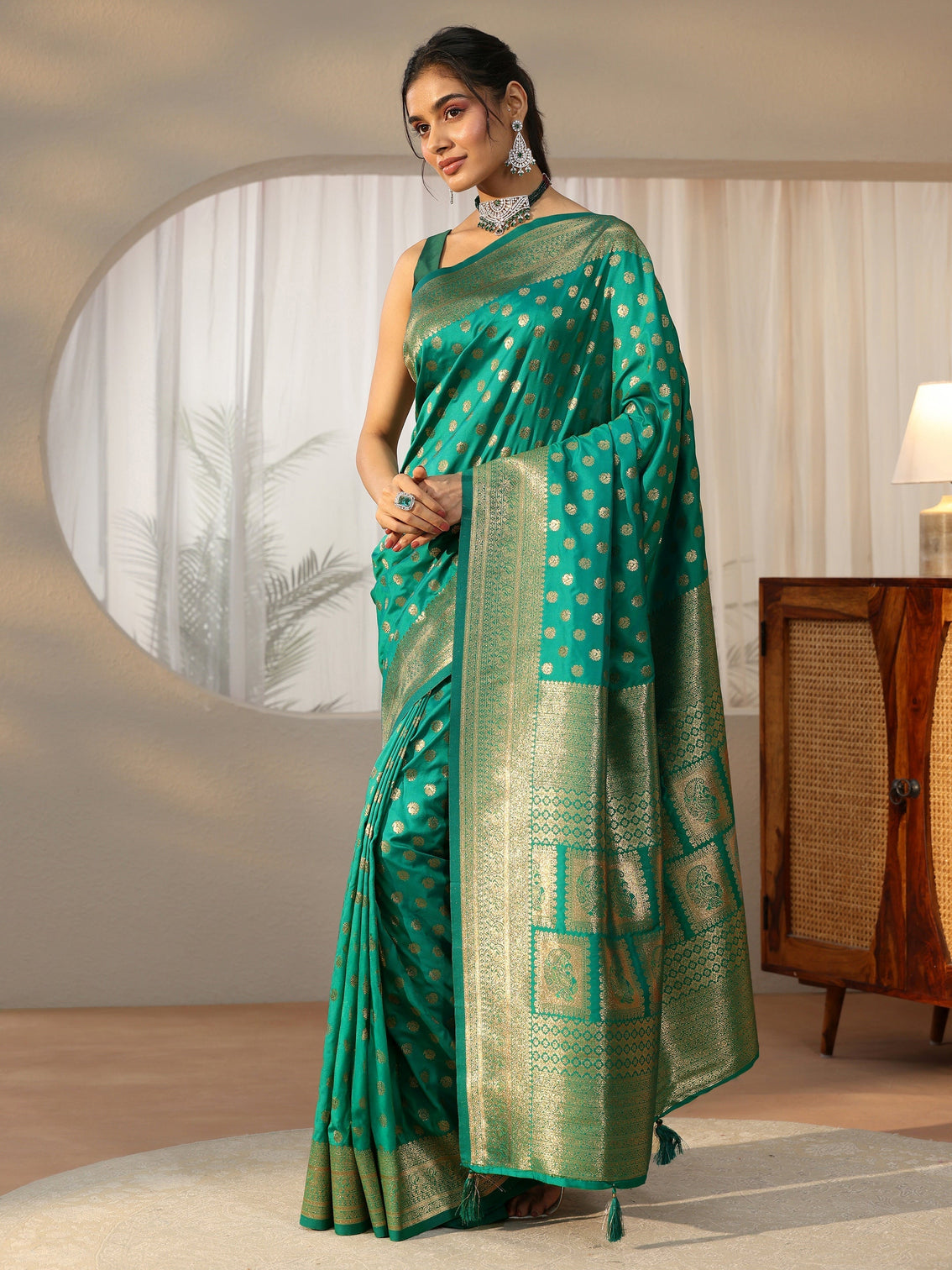 Mameraa Teal Green Banarasi Silk Blend Saree
