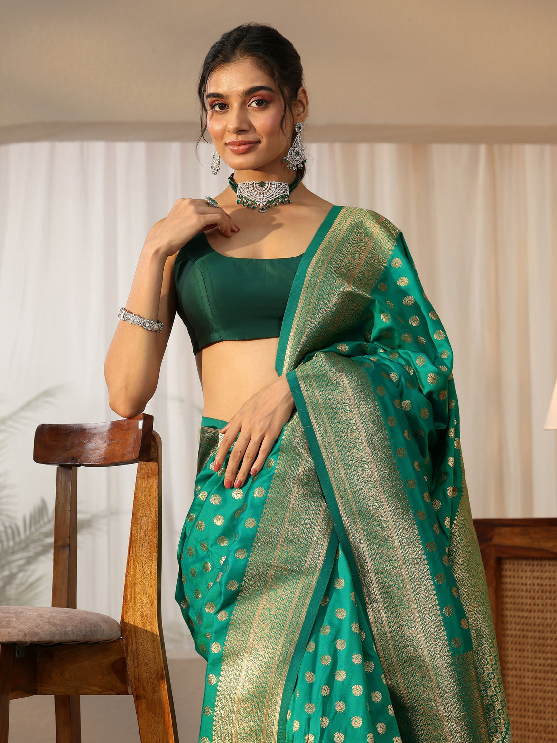 Mameraa Teal Green Banarasi Silk Blend Saree