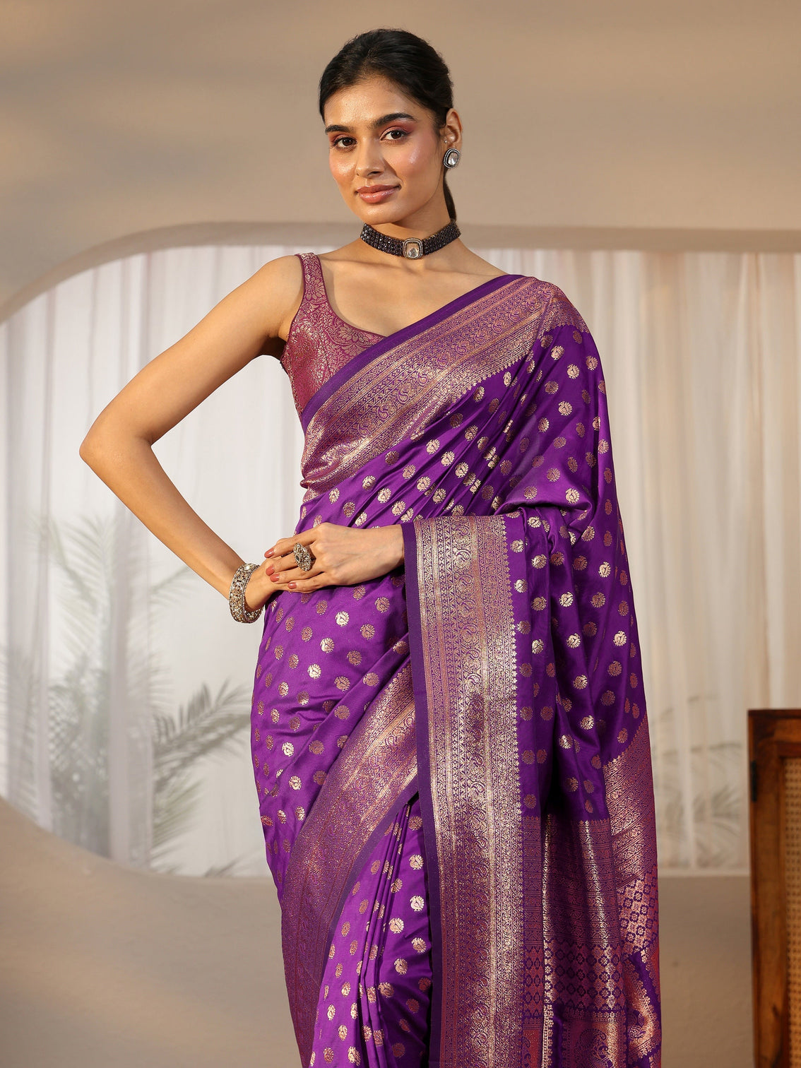Mameraa Plum Purple Banarasi Silk Blend Saree