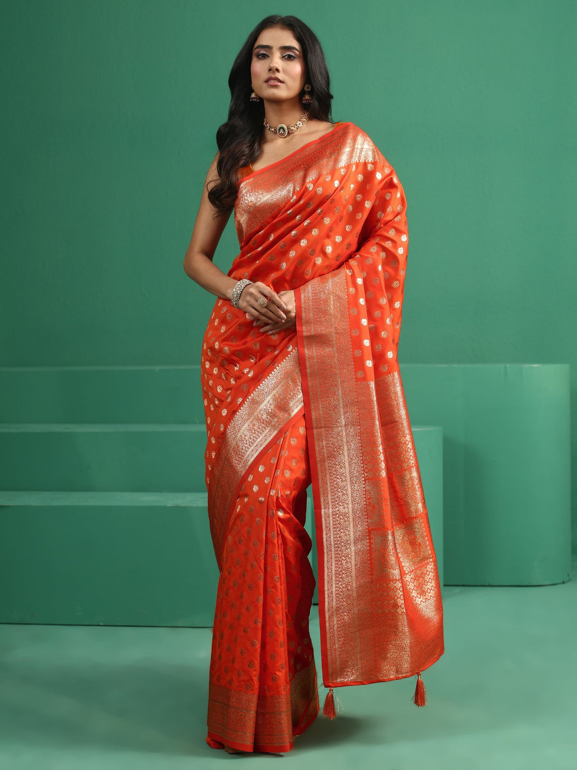 Mameraa Orange Banarasi Silk Blend Saree