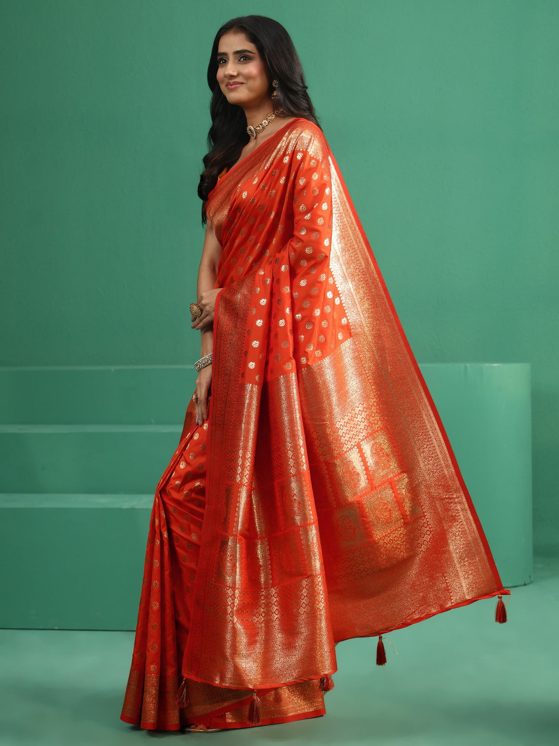 Mameraa Orange Banarasi Silk Blend Saree