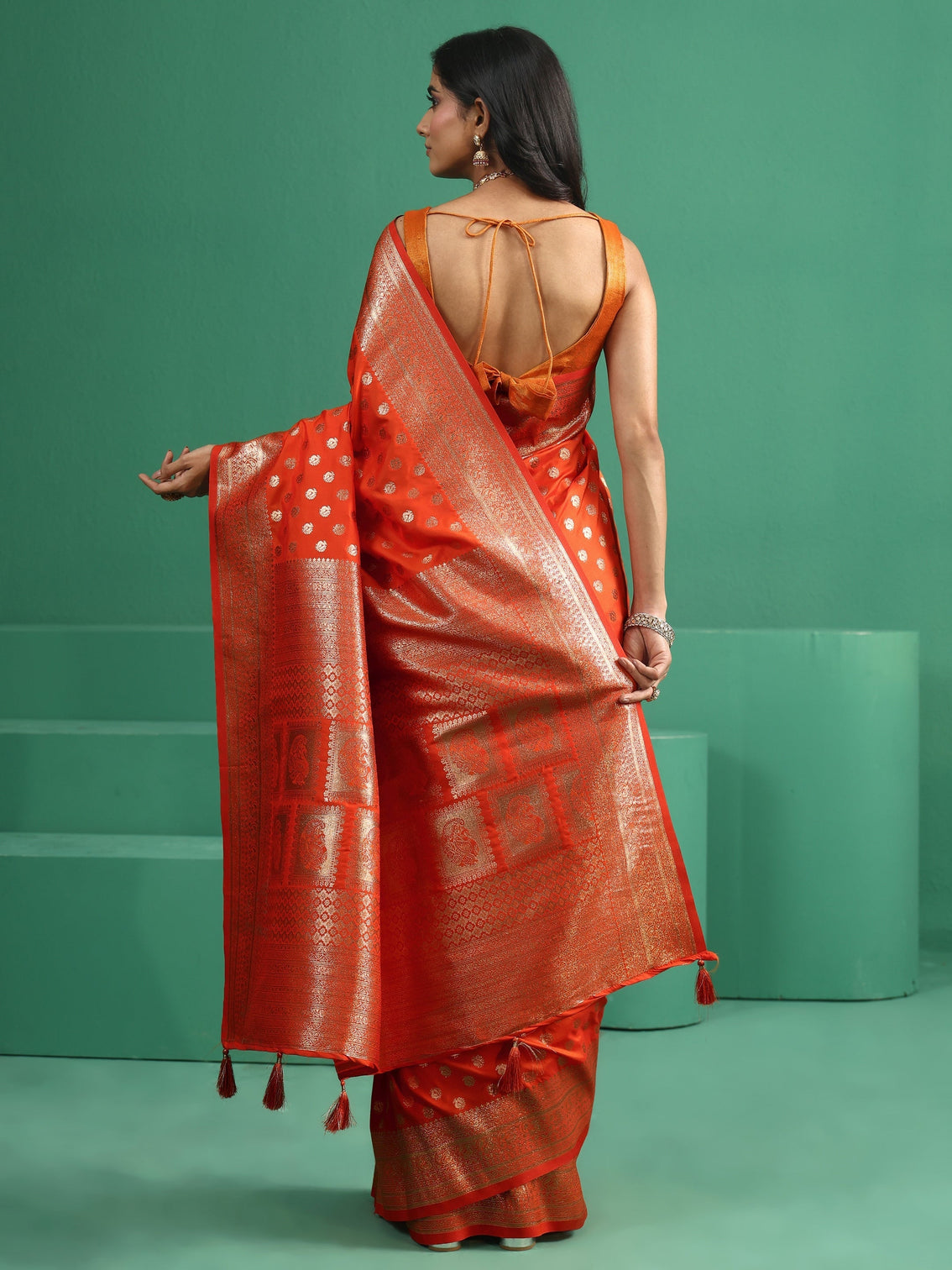 Mameraa Orange Banarasi Silk Blend Saree