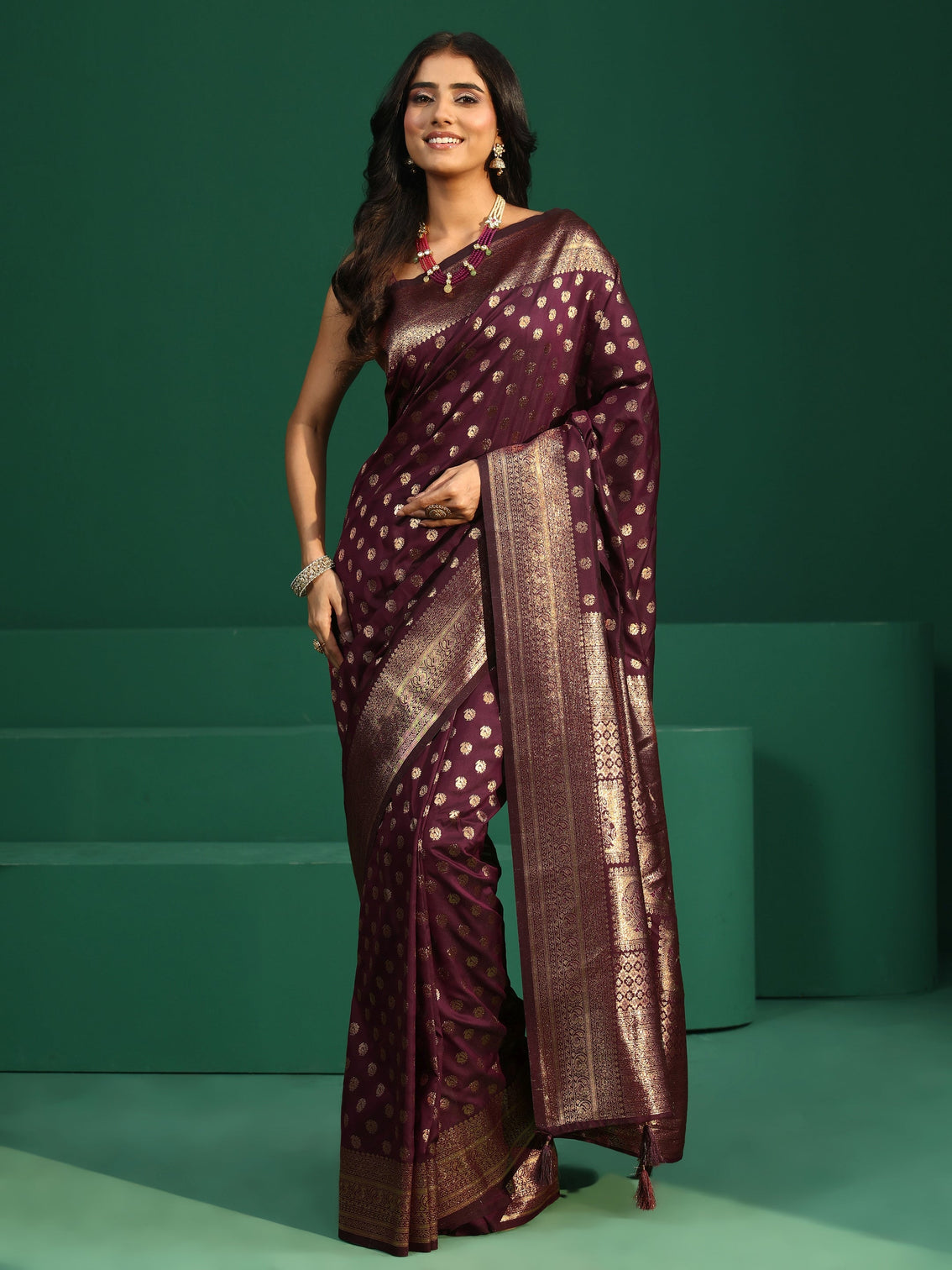 Mameraa Wine Red Banarasi Silk Blend Saree