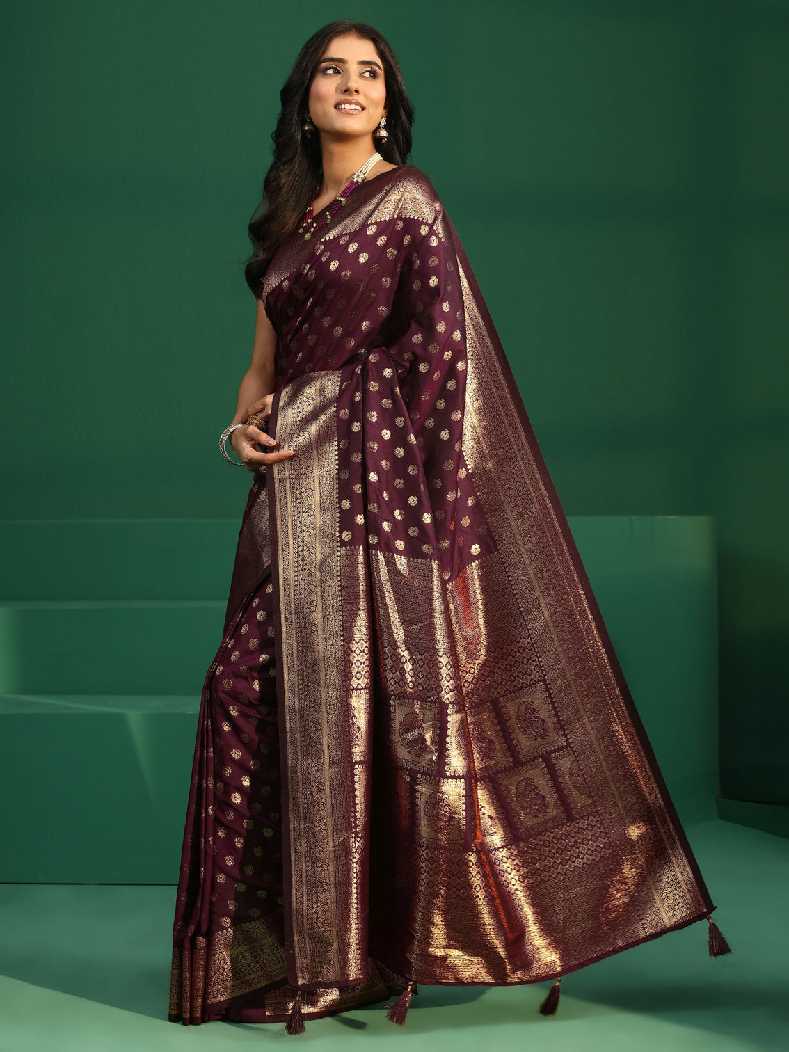 Mameraa Wine Red Banarasi Silk Blend Saree