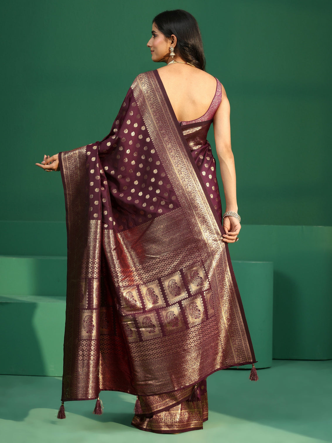Mameraa Wine Red Banarasi Silk Blend Saree