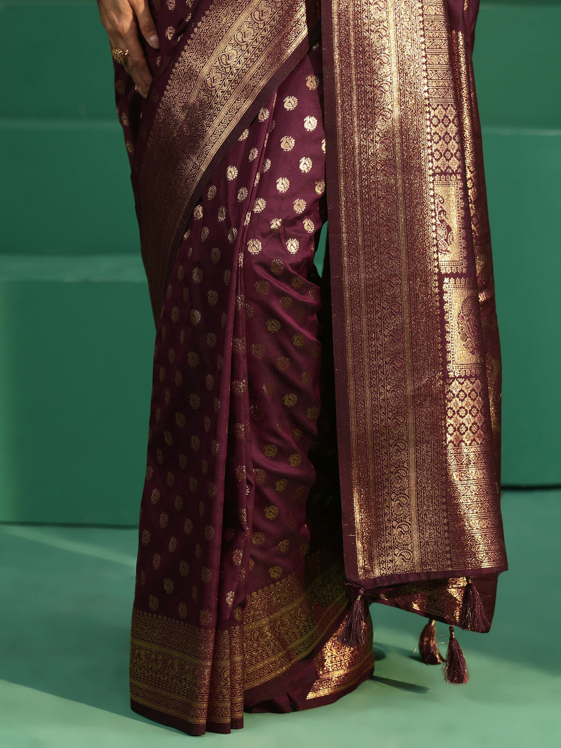 Mameraa Wine Red Banarasi Silk Blend Saree