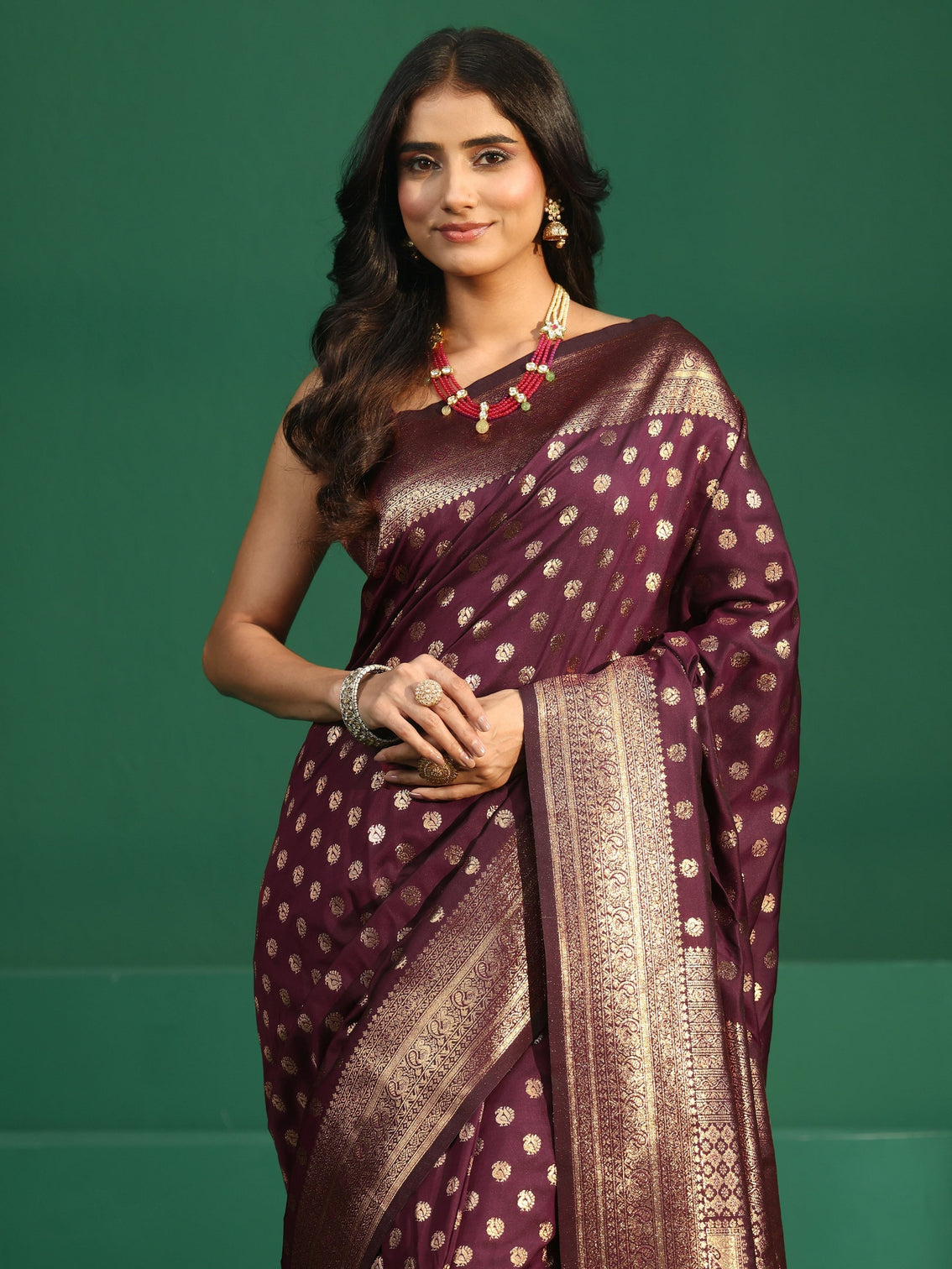 Mameraa Wine Red Banarasi Silk Blend Saree