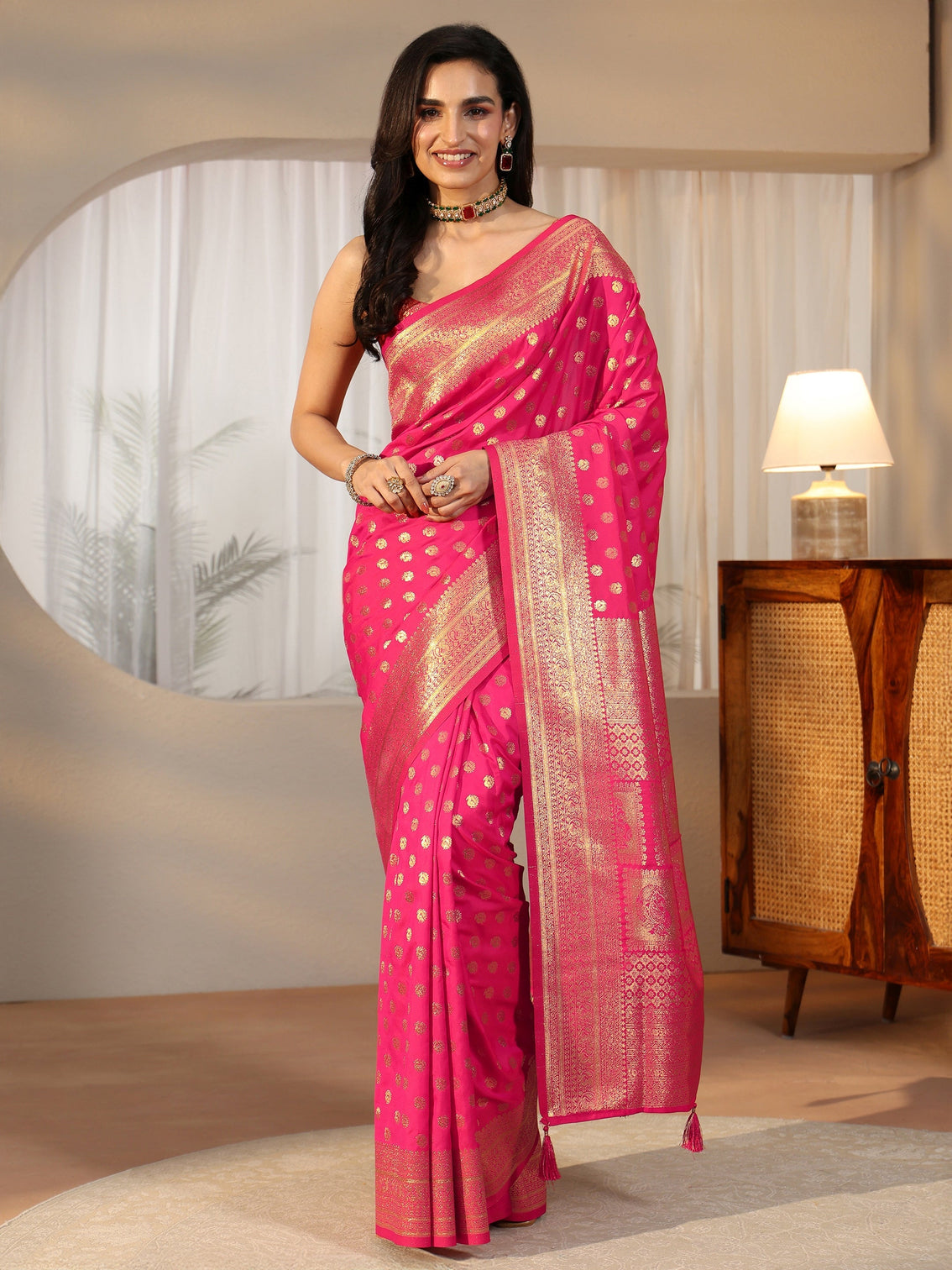 Mameraa Hot Pink Banarasi Silk Blend Saree