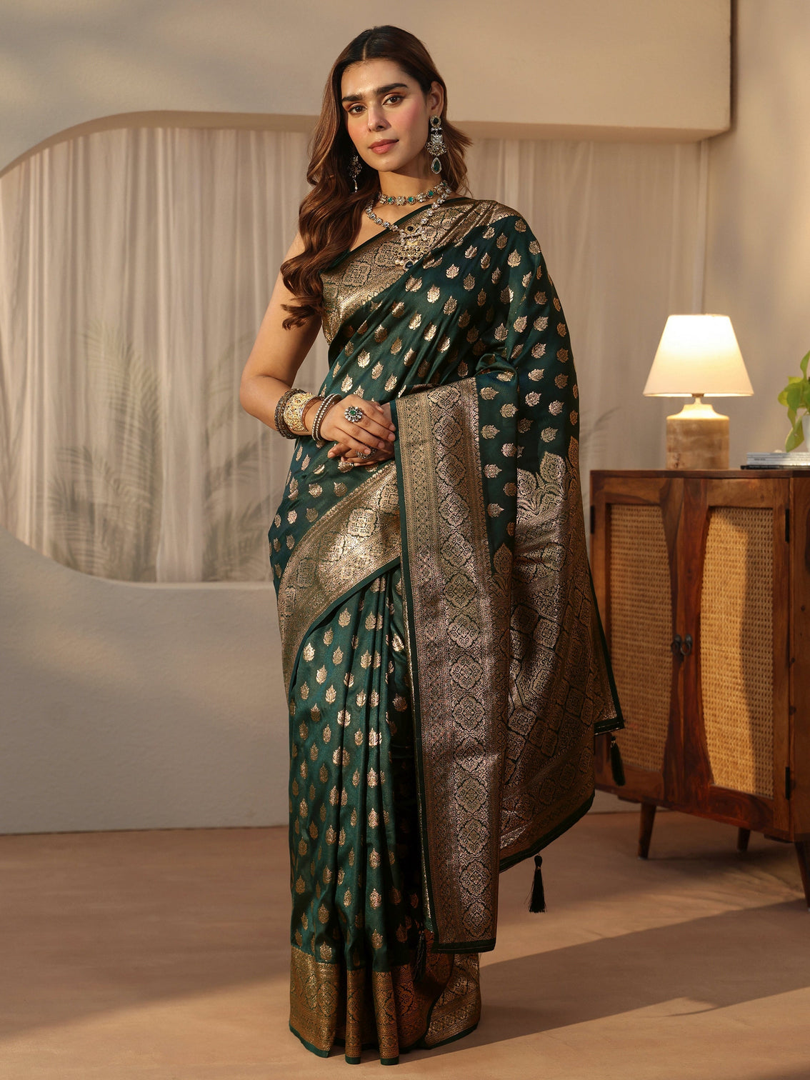 Mameraa Forest Green Banarasi Silk Blend Saree