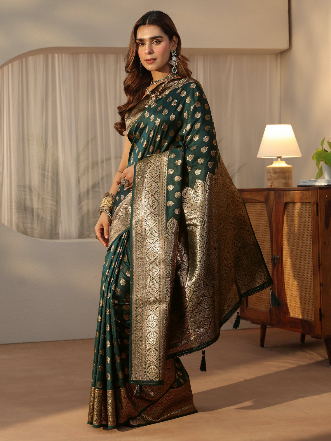 Mameraa Forest Green Banarasi Silk Blend Saree