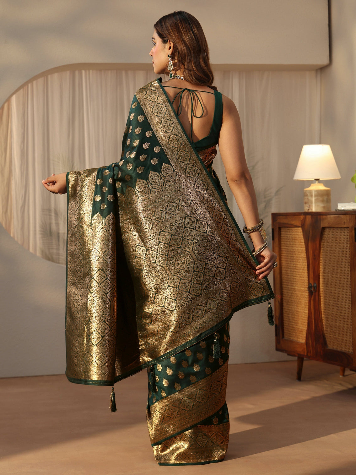 Mameraa Forest Green Banarasi Silk Blend Saree