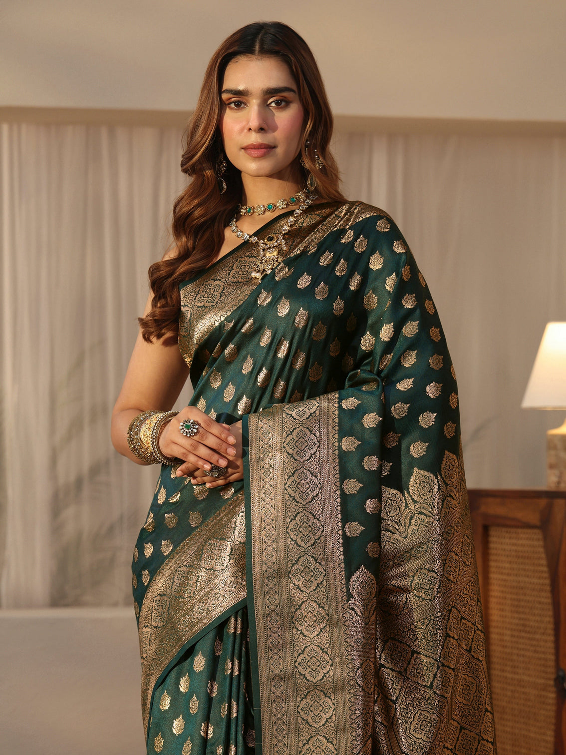 Mameraa Forest Green Banarasi Silk Blend Saree
