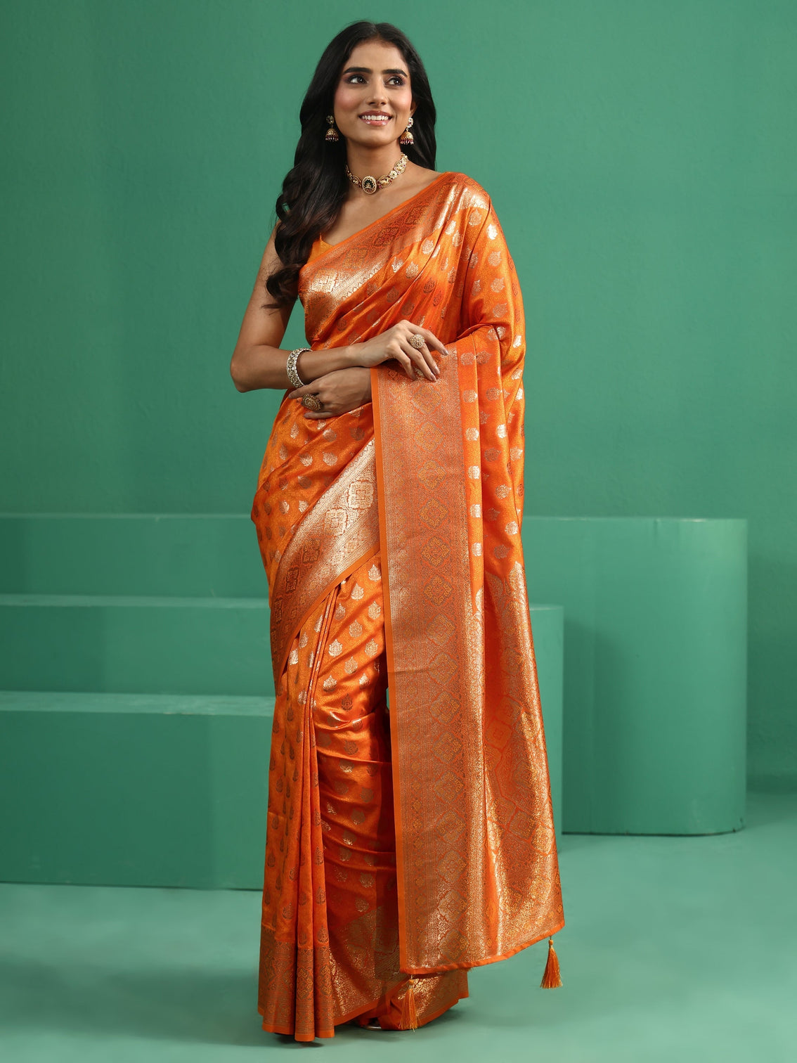 Mameraa Tangerine Orange Banarasi Silk Blend Saree