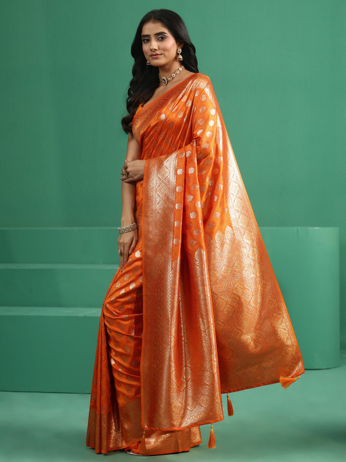 Mameraa Tangerine Orange Banarasi Silk Blend Saree