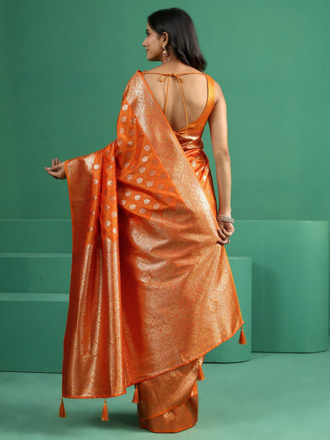 Mameraa Tangerine Orange Banarasi Silk Blend Saree