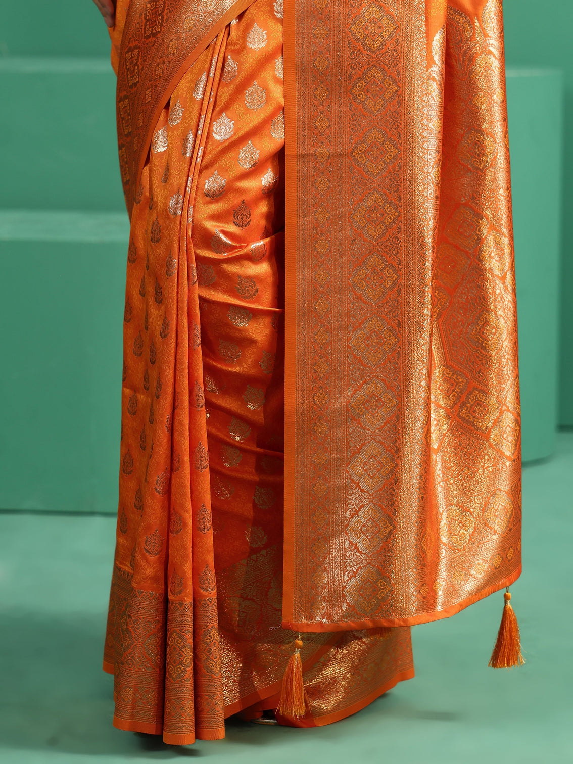 Mameraa Tangerine Orange Banarasi Silk Blend Saree