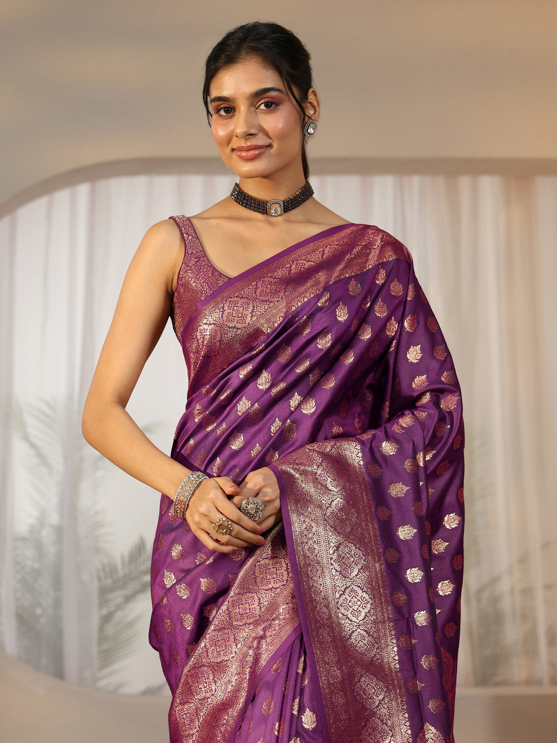 Mameraa Imperial Purple Banarasi Silk Blend Saree