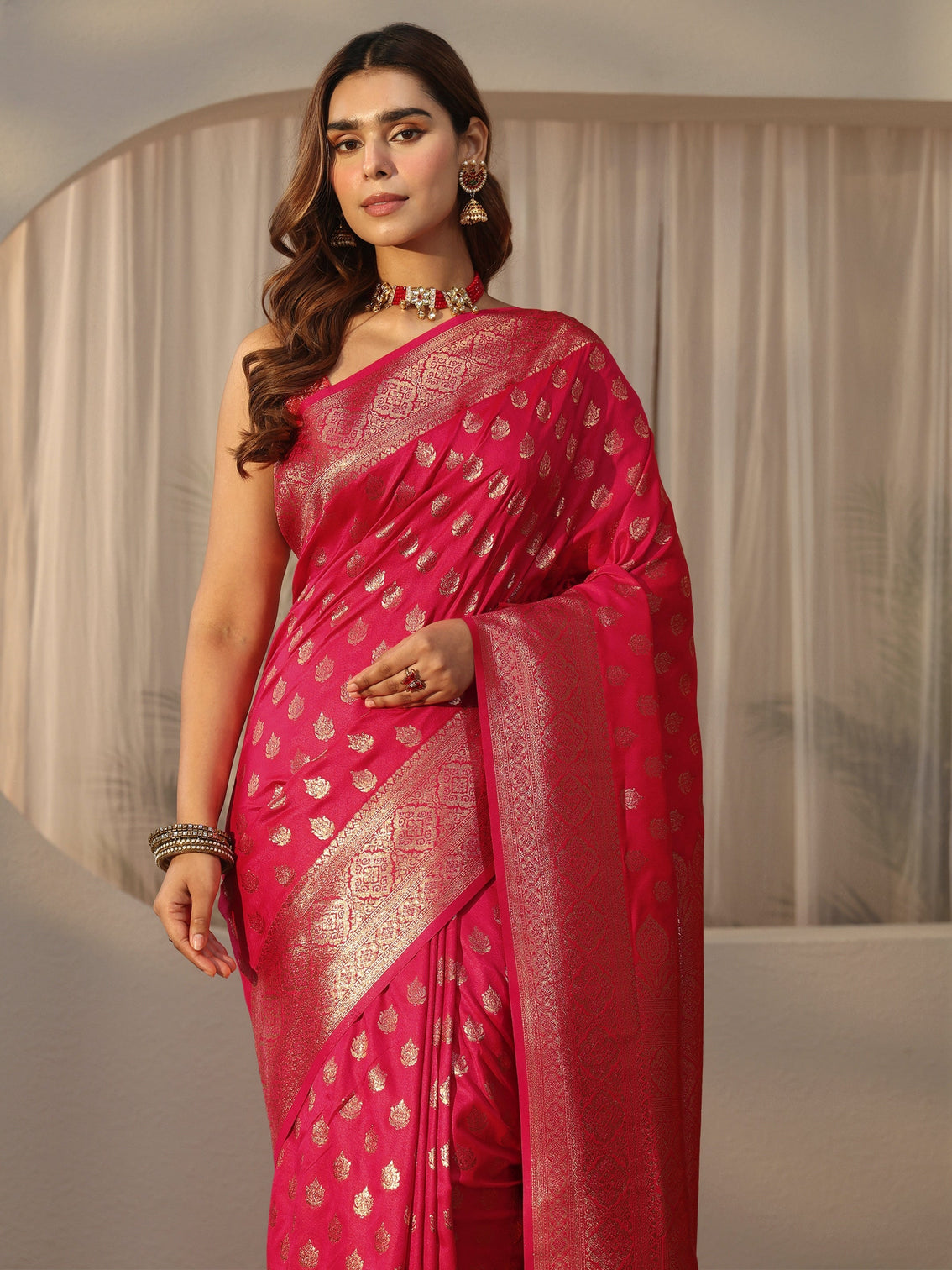 Mameraa Hot Pink Banarasi Silk Blend Saree