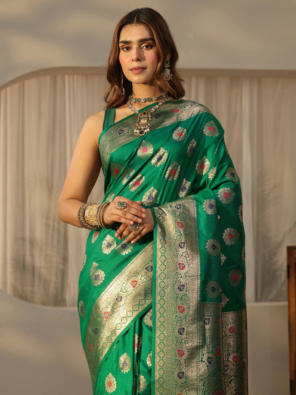 Mameraa Emerald Green Banarasi Silk Blend Saree