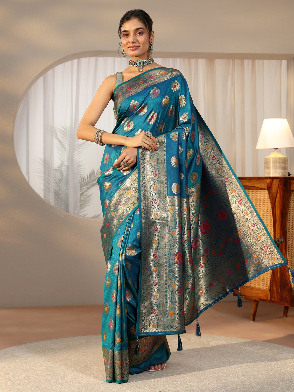 Mameraa Teal Blue Banarasi Silk Blend Saree