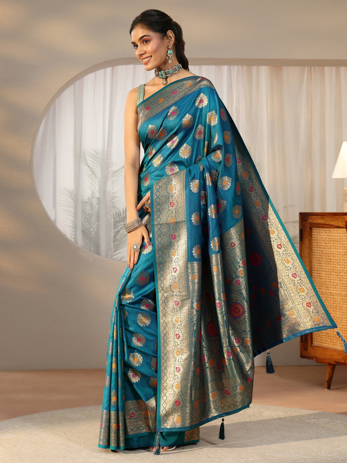 Mameraa Teal Blue Banarasi Silk Blend Saree