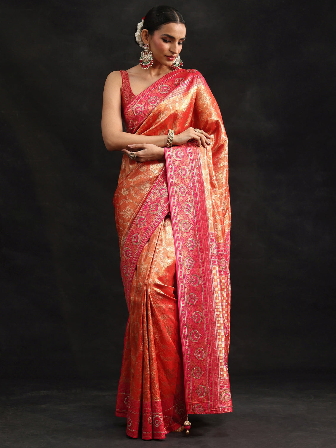 Mameraa Orange Woven Design Silk Blend Saree with Embellished Border