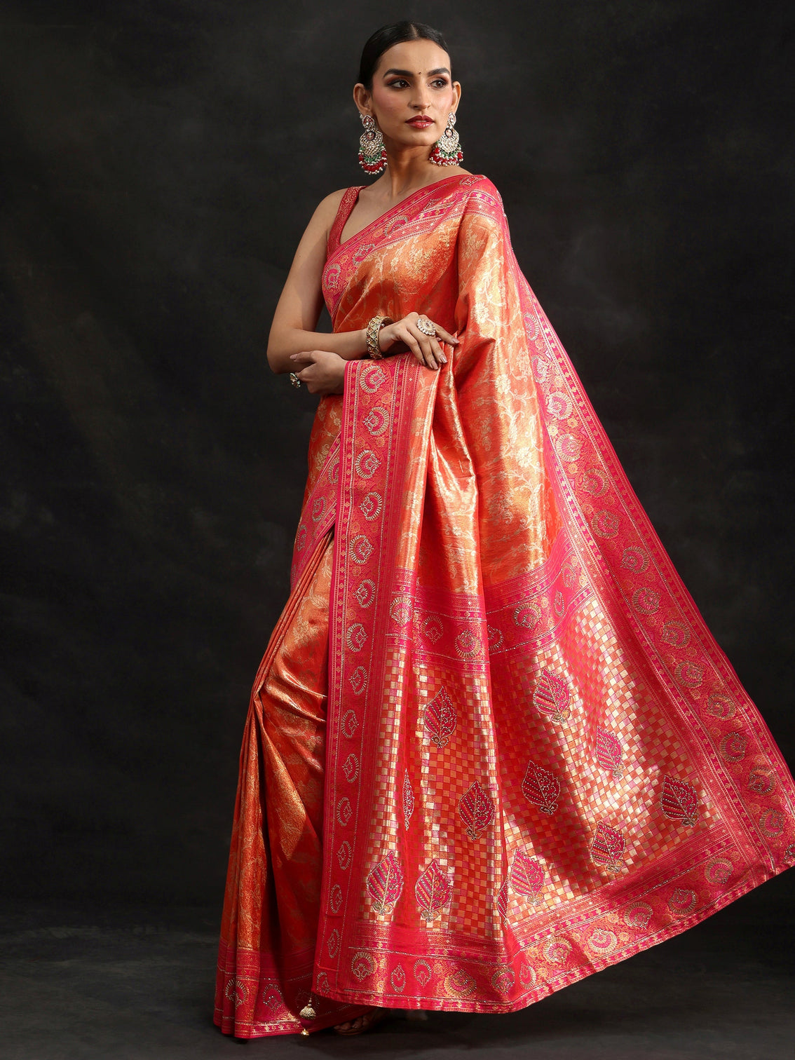 Mameraa Orange Woven Design Silk Blend Saree with Embellished Border