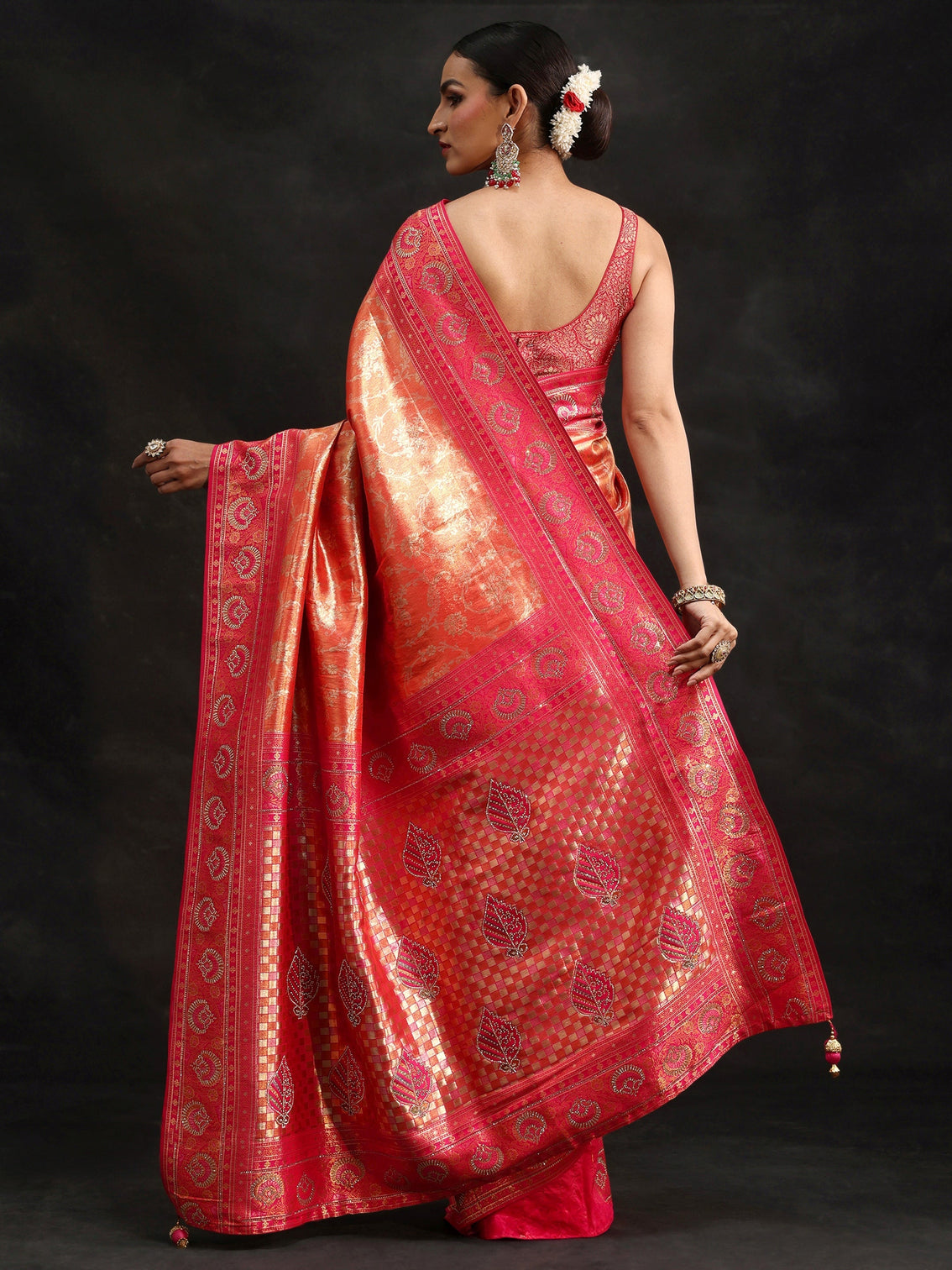 Mameraa Orange Woven Design Silk Blend Saree with Embellished Border