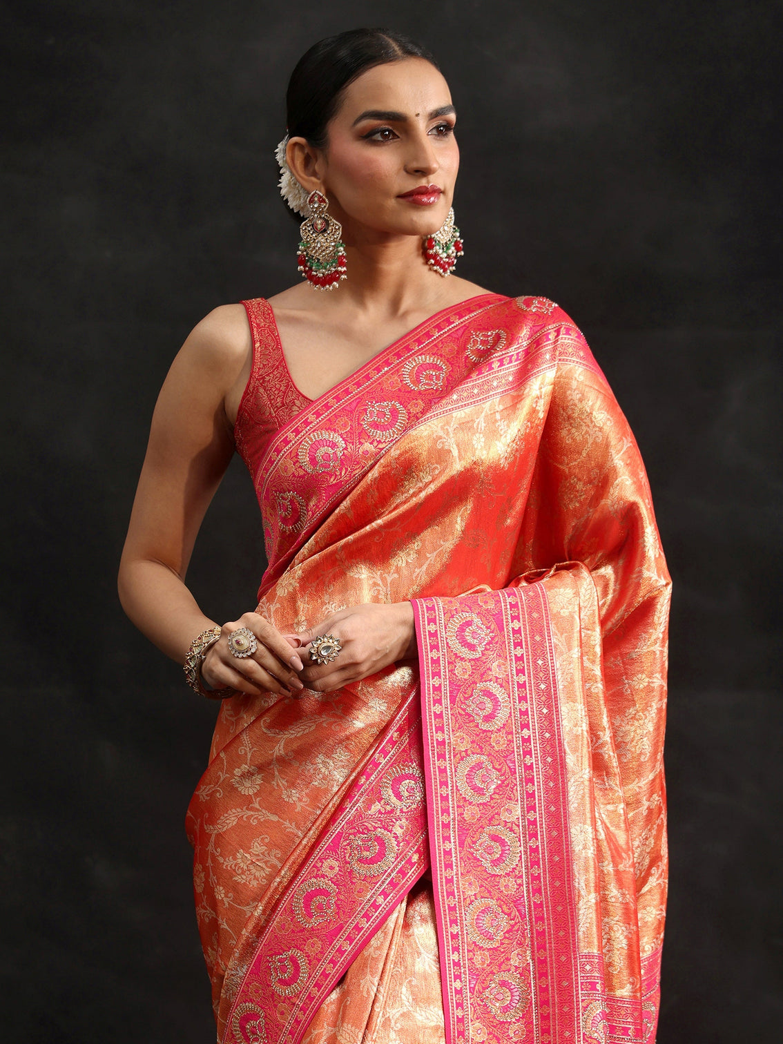 Mameraa Orange Woven Design Silk Blend Saree with Embellished Border