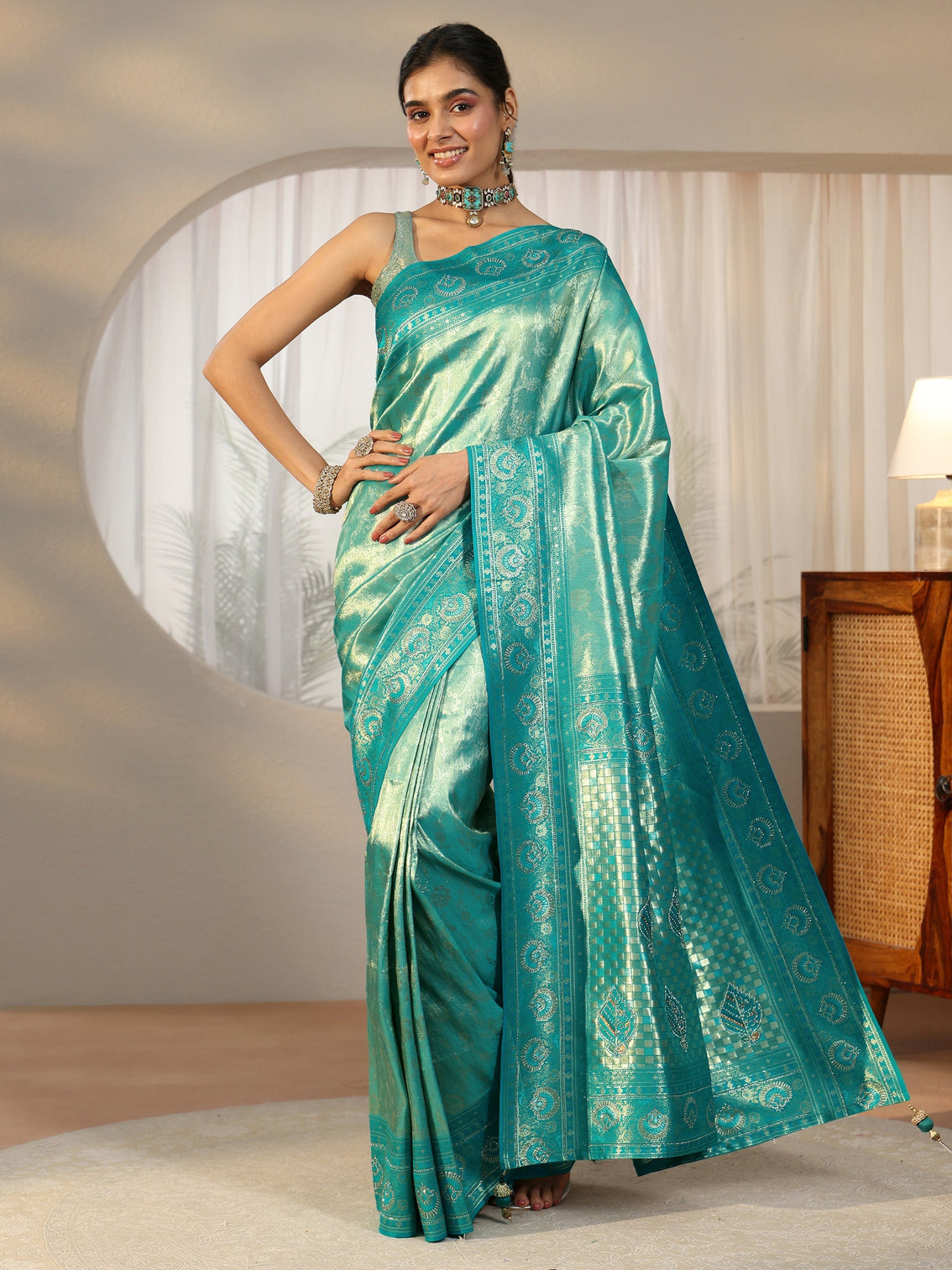 Mameraa Sea Green Floral Woven Silk Blend Saree