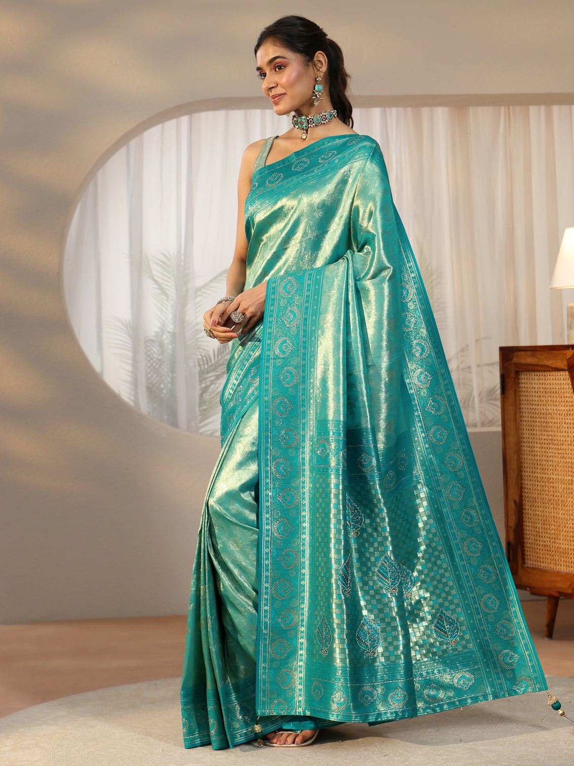 Mameraa Sea Green Floral Woven Silk Blend Saree