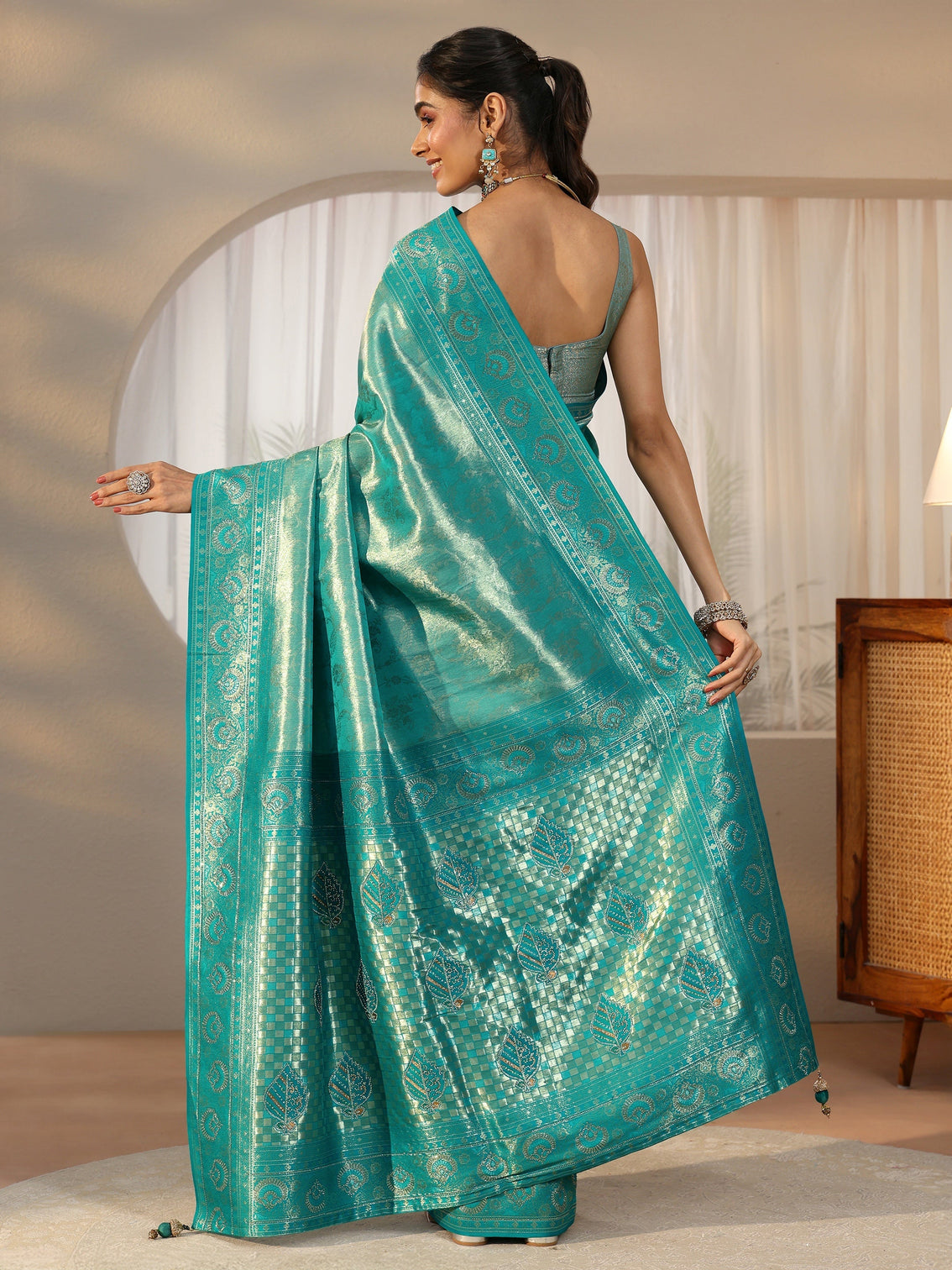 Mameraa Sea Green Floral Woven Silk Blend Saree