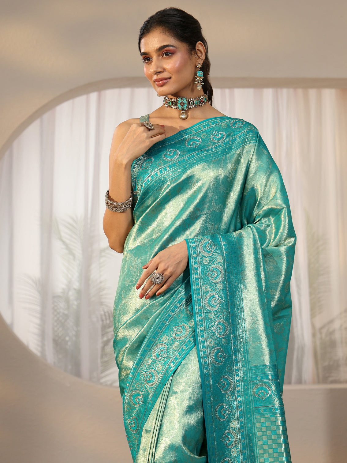 Mameraa Sea Green Floral Woven Silk Blend Saree