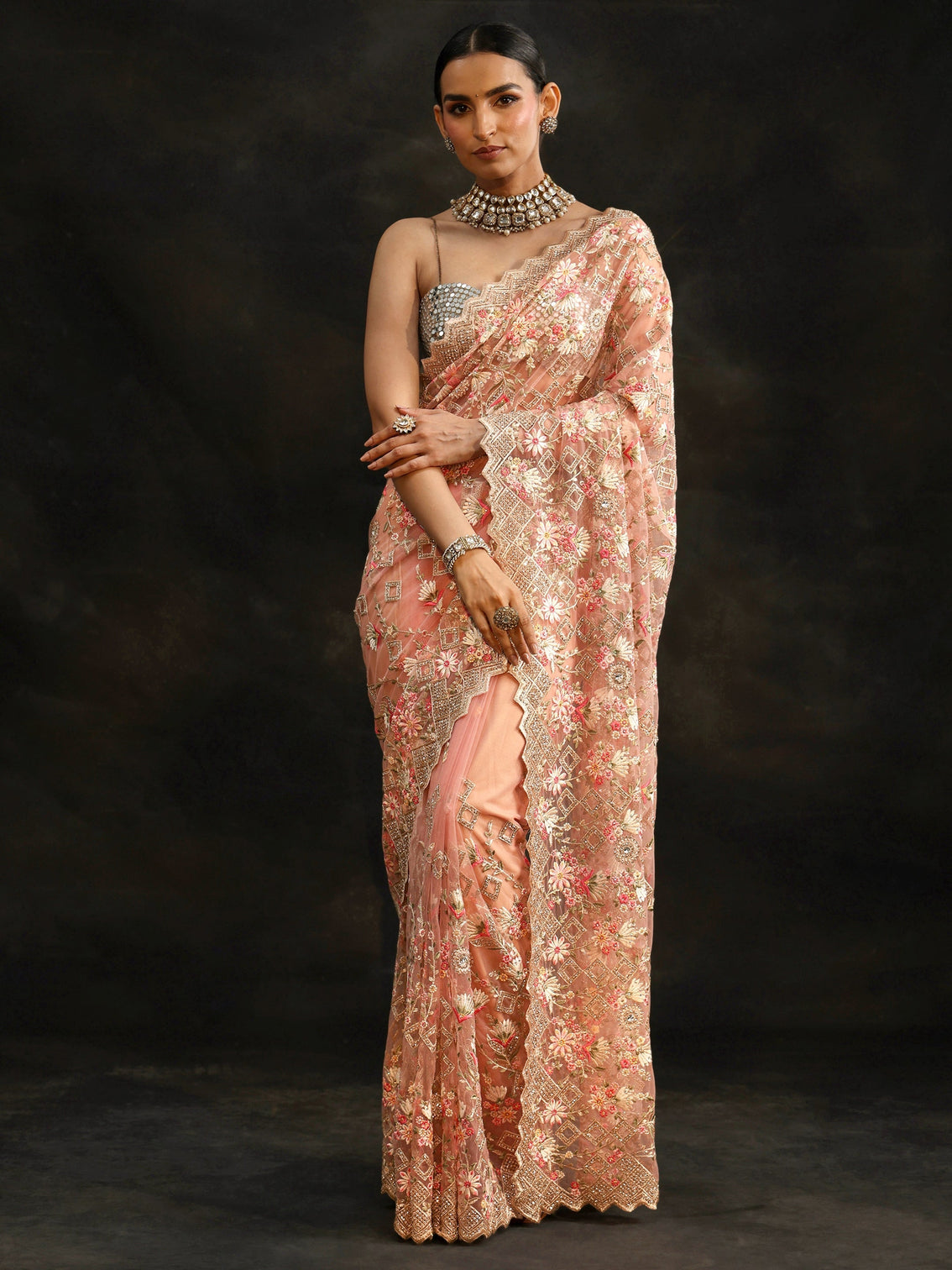 Mameraa Peach Pink Floral Embellished Net Saree