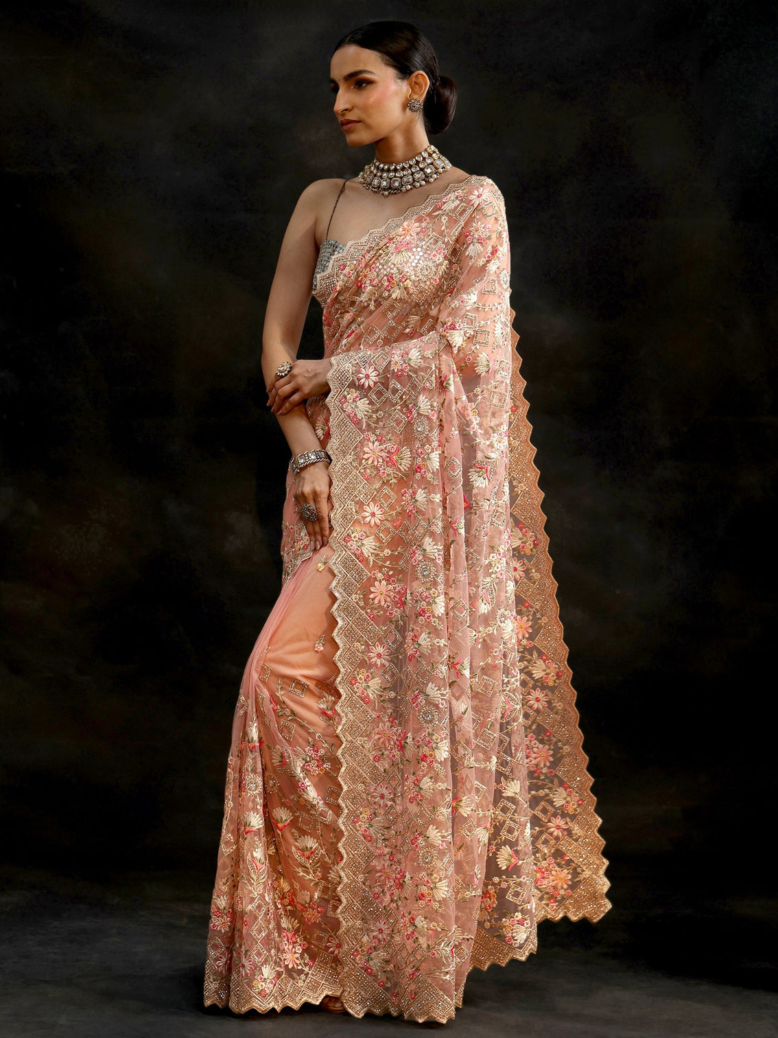 Mameraa Peach Pink Floral Embellished Net Saree